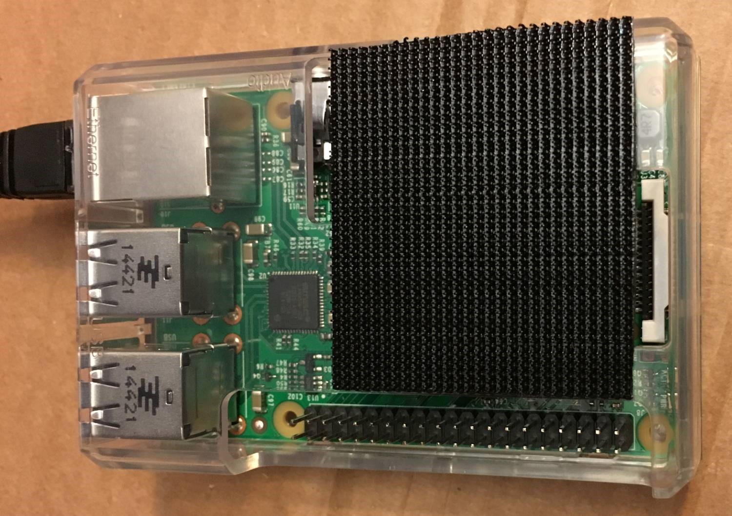 Raspberry Pi with Velcro attached